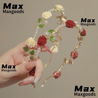 Maxg ที่คาดผม ดอกกุหลาบ ไข่มุก เถาวัลย์กุหลาบ เครื่องประดับผม สีแดง สีขาว โลหะผสม มงกุฏ ที่คาดผมผู้หญิง