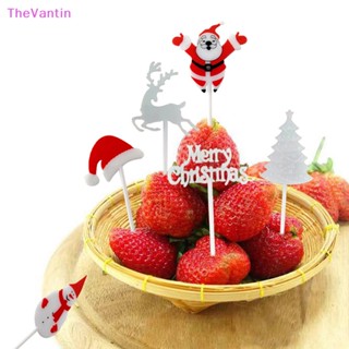 Thevantin ส้อมจิ้มผลไม้ เค้ก ขนมหวาน รูปการ์ตูนซานต้า กวางเอลก์ น่ารัก ขนาดเล็ก อุปกรณ์เสริม 10 ชิ้น