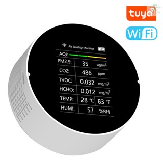 Tuya WiFi Multifunctional Air Quality Detector 7 In 1 PM2.5 TVOC CO2 HCHO Temperature Humidity AQI Detector Home Desk Office Car Indoor Air Quality Monitor