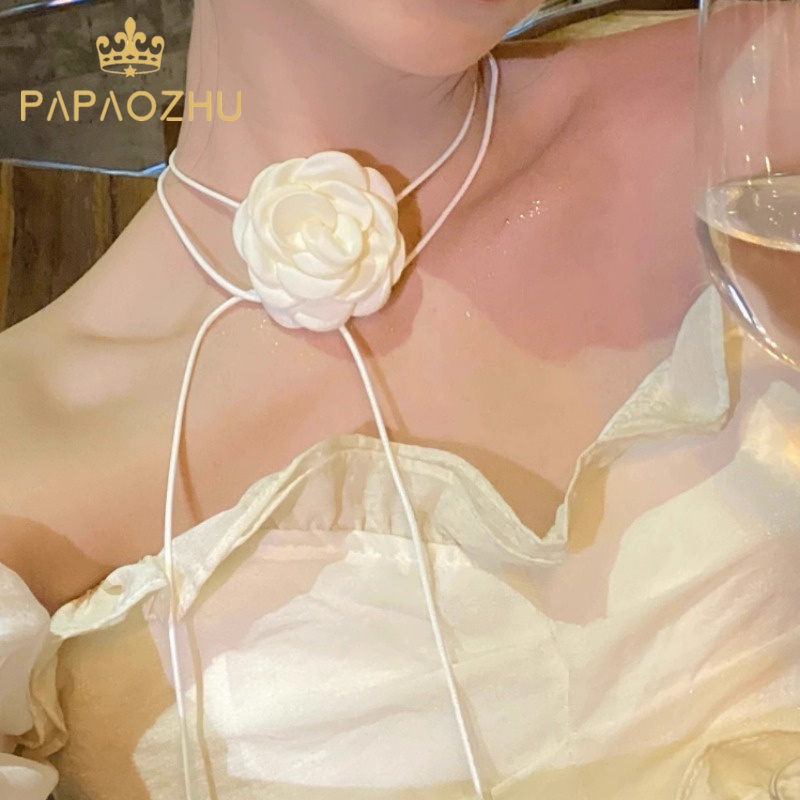Papaozhu สร้อยคอโชคเกอร์ เชือกยาว ลูกไม้ ดอกกุหลาบ หรูหรา เครื่องประดับ สําหรับผู้หญิง งานปาร์ตี้ งานแต่งงาน คอ