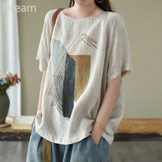 Summer new retro artistic geometric printed bamboo cotton top loose short sleeve womens all-match pullover T-shirt