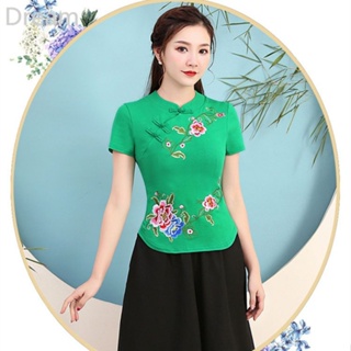 Ethnic style womens embroidered top summer new large size embroidered slim stand collar short sleeve t-shirt for women