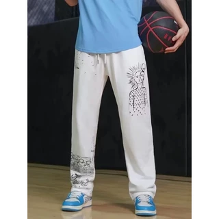 MANSTR ใหม่กางเกงบาสเก็ตบอลลําลอง ผ้าฝ้าย ขากว้าง ทรงหลวม พิมพ์ลายหมึก Kyrie Irving สไตล์ฮิปฮอป สีดํา สีขาว