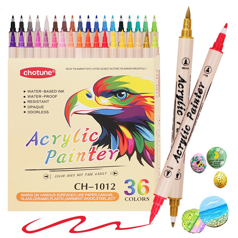 ผงมาร์กเกอร์อะคริลิค สองหัว กันน้ํา 12 24 36 สี อุปกรณ์ศิลปะ สําหรับโรงเรียน ไม้ แก้ว หิน เสื้อผ้า ปากกาสี