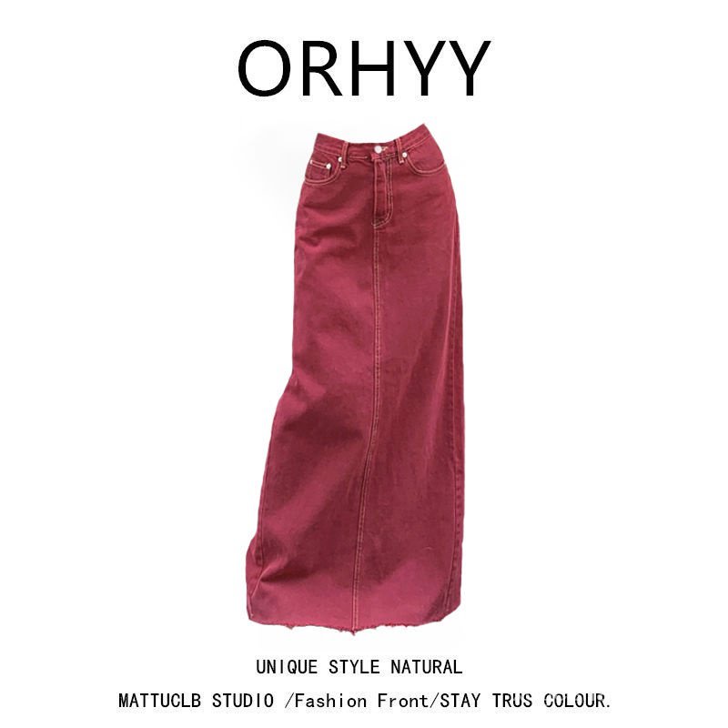 กระโปรงยีนยาว เอวสูง ทรงเอ เข้ารูป สีแดง แฟชั่นฤดูร้อน สไตล์เรโทร สําหรับสตรี