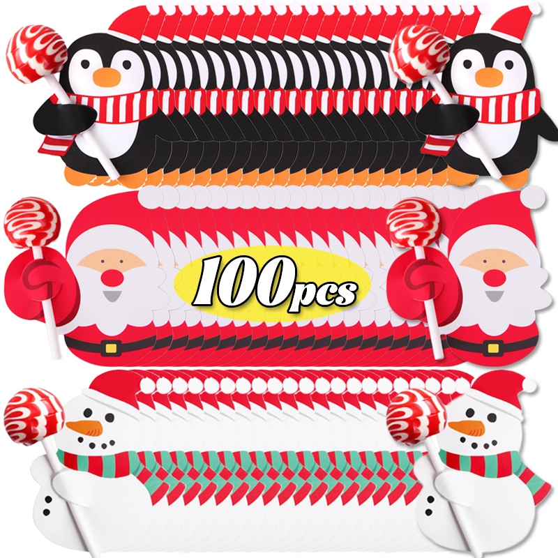 100 ชิ้น ซานตาคลอส เพนกวิน อมยิ้ม กระดาษการ์ด แพ็กเกจ DIY ขนมเค้ก ช็อคโกแลต ป๊อปปิ้ง ห่อคริสต์มาส ปีใหม่ ปาร์ตี้ ตกแต่ง ของขวัญ
