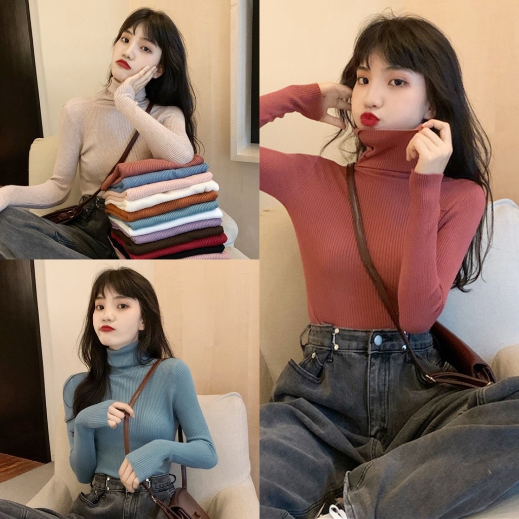ราคาถูกที่สุด เสื้อไหมพรมร่องยืด แขนยาว คอเต่าสูง 17 สี พับคอ