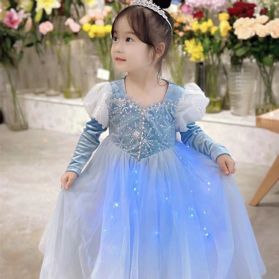 ชุดเดรสกระโปรง ผ้ากอซ ผ้ากํามะหยี่ แบบหนา แต่งเรืองแสง สีทอง แฟชั่นฤดูใบไม้ร่วง และฤดูหนาว สําหรับเด็กผู้หญิง