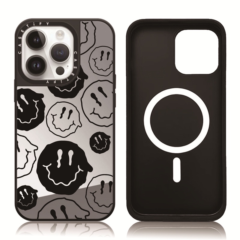 Casetify X เคสโทรศัพท์มือถือแบบกระจกแข็ง แม่เหล็ก ลายหน้ายิ้ม สีดํา สีเงิน พร้อมกล่อง สําหรับ IPhone 15 14 13 12 Pro Max Plus