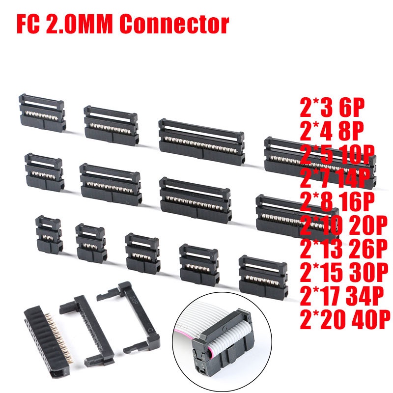 ซ็อกเก็ตเชื่อมต่อ พิช 2.0 มม. FC-6 8 10 16 20-40 50 PIN ตัวเมีย IDC สําหรับสายแพแบน 6p 10p 20p 40p 10 ชิ้น