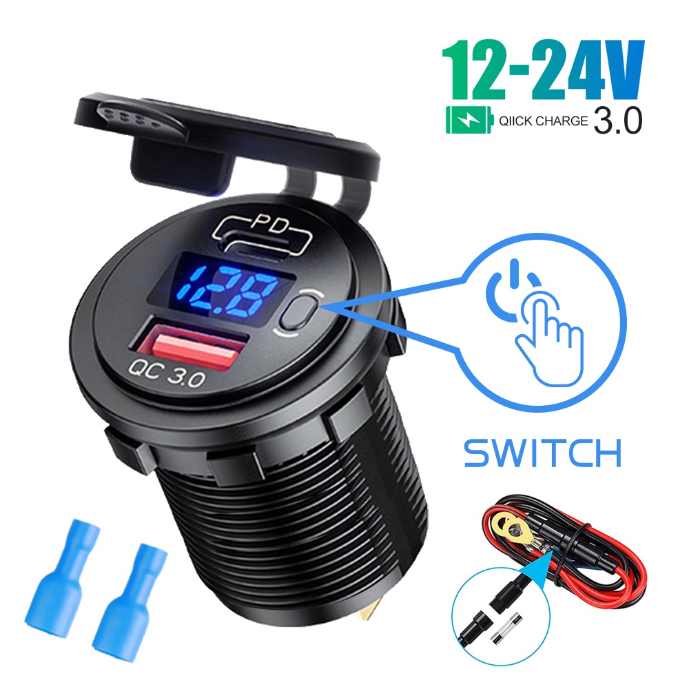 ที่ชาร์จ USB 12V-24V QC3.0 PD Type C พร้อมซ็อกเก็ตสวิตช์ สําหรับรถยนต์ เรือ รถจักรยานยนต์ SUV รถบรรทุก รถบัส คาราวาน 12V 24V