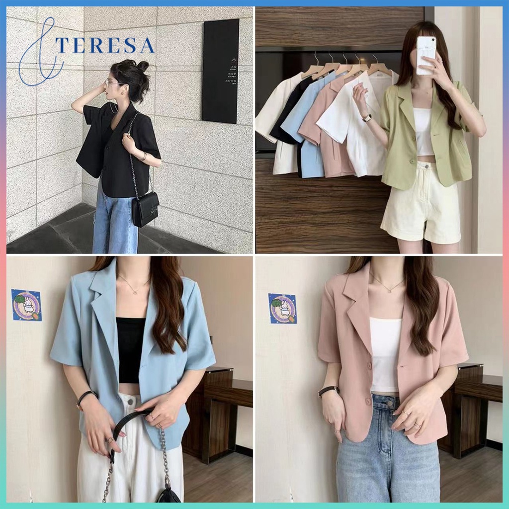 พร้อมส่ง เสื้อเชิ้ตสั้นคอปกสีพื้นสไตล์เกาหลีเรียบง่ายสวมใส่สบาย
