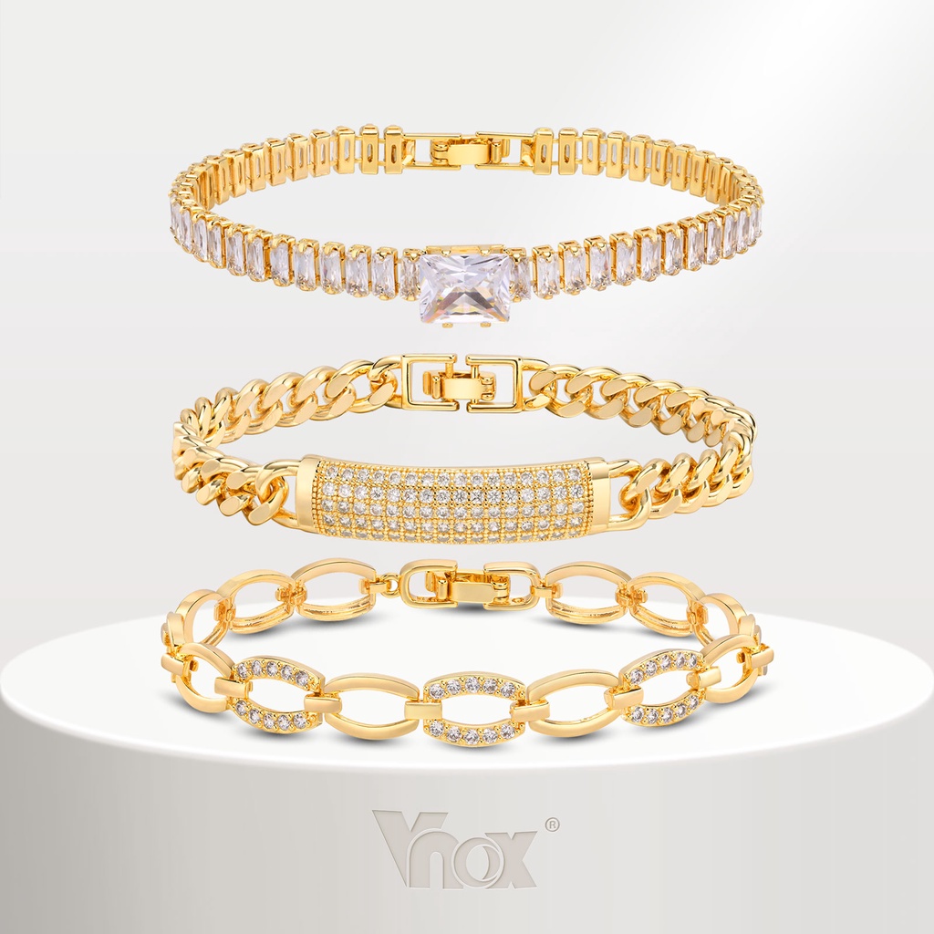 Vnox Cubic Zirconia Cuban สร้อยข้อมือคลิปหนีบกระดาษ ทอง 18k รูปผีเสื้อ งู หัวใจ แวววาว สําหรับผู้หญิง งานแต่งงาน