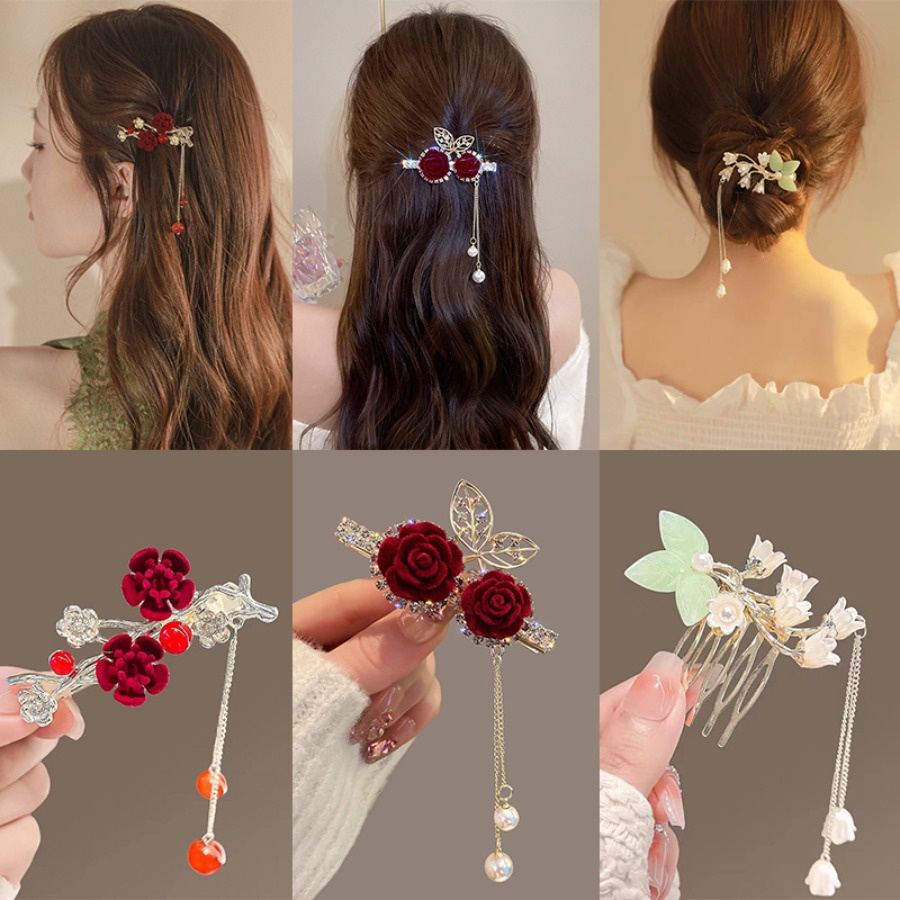 Retro Pearl Rhinestone พู่คลิปผมดอกไม้คริสตัล Hairpin ด้านข้างคลิปผู้หญิงอุปกรณ์เสริมผม