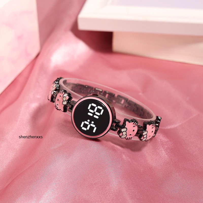 นาฬิกาข้อมือดิจิทัล LED สายสแตนเลส สามารถปรับได้ ลายการ์ตูนแมวน่ารัก แฟชั่นสําหรับผู้ชาย และผู้หญิง