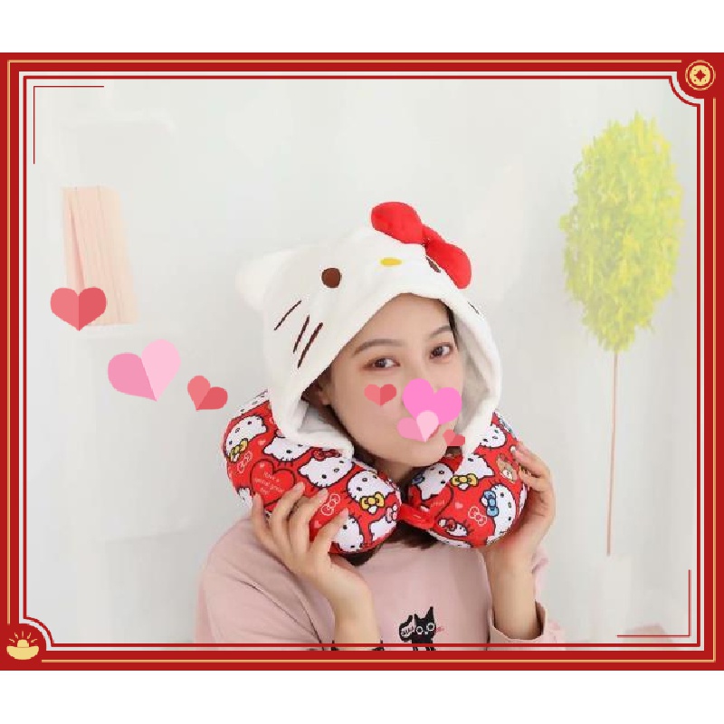 หมอนรูปตัว u ที่คลุมด้วยผ้า Travel Essential Goods ฟรีผ้าปิดตา KT สไตล์ญี่ปุ่นสีแดงสดพนักงานออฟฟิศหมอนรองคอมีฮู้ดแบบพกพารูปตัว u