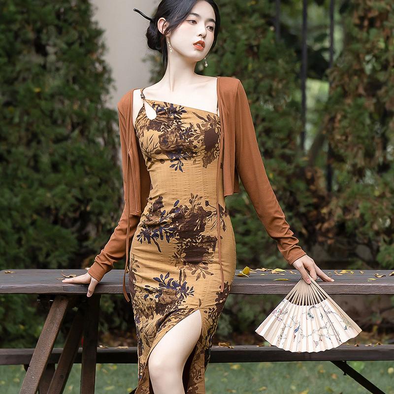 long dress ออกงาน เดรสรัดรูปยาวเกาหลี น่ารัก ผู้หญิง สายเดี่ยวลายดอกสาวอวบ เซ๊กซี่ แฟชั่น