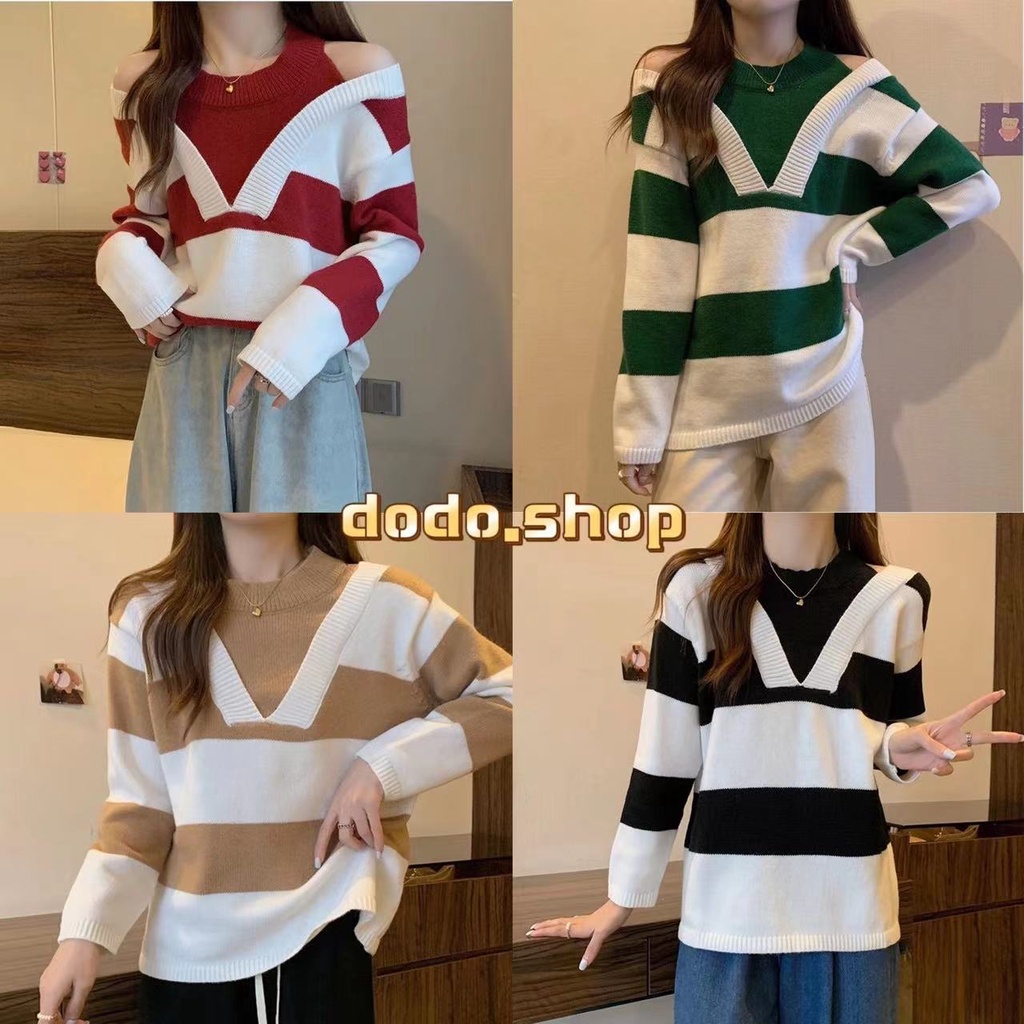 DODO*สินค้าใหม่พร้อมส่ง*เสื้อคาร์ดิแกนแขนยาวผ้าไหมพรม ลายทาง คอเต่าเย็บติดกัน2ชั้นผ้านุ่มหนาใส่สบาย(11cx38)