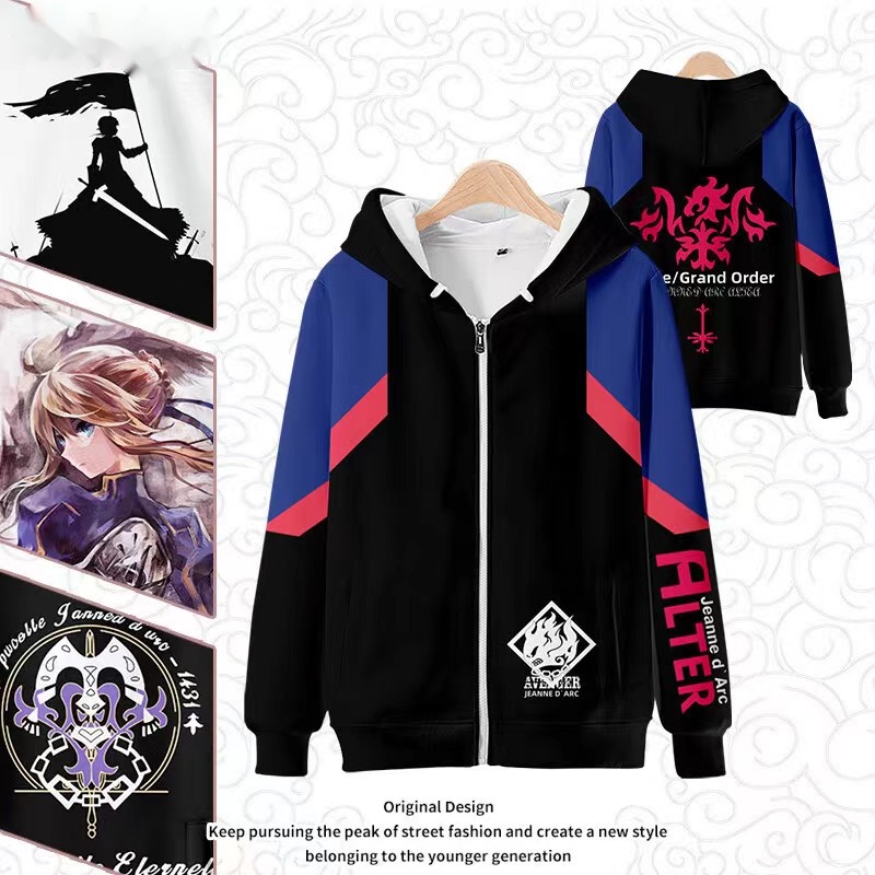 เสื้อแจ็กเก็ตคอสเพลย์ FGO Saber Alter Joan of Arc มีซิป มีฮู้ด ลายการ์ตูนอนิเมะ Fate Stay Night 3D สําหรับทุกเพศ