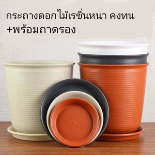 กระถางพลาสติกพร้อมจานรอง ปลูกต้นไม้-ดอกไม้ ทรงโมเดิร์น มีหลายสีให้เลือก บ้านและสวน TCยาว