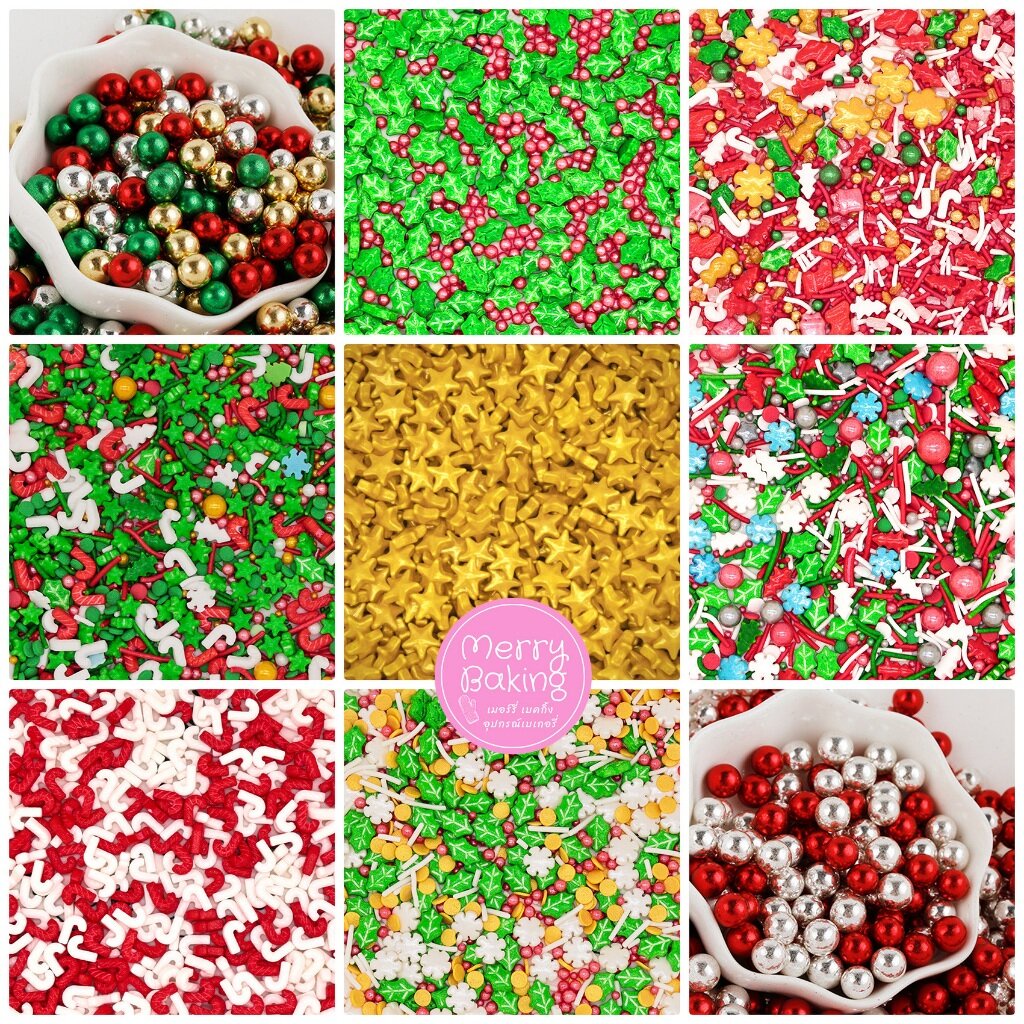 เม็ดน้ำตาลคริสมาส เม็ดมุกแต่งเค้ก Christmas Sprinkles ขนาด 25 กรัม
