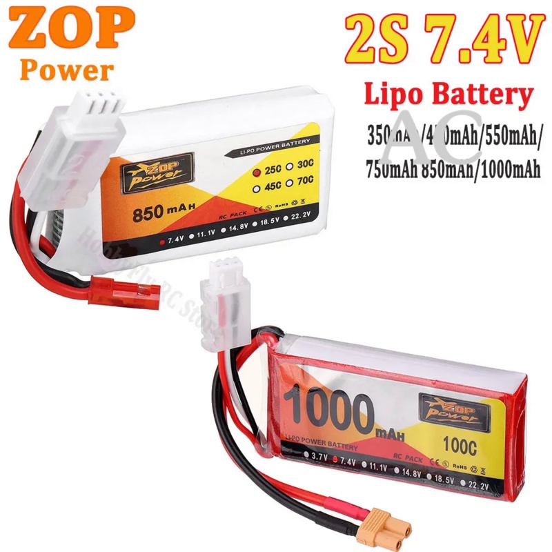 AC ZOP Power Battery 2S 7.4V 350mAh 450mAh 550mAh 750mAh 850mAh 1000mAh 70C/95C Lipo Battery W/JST/X
