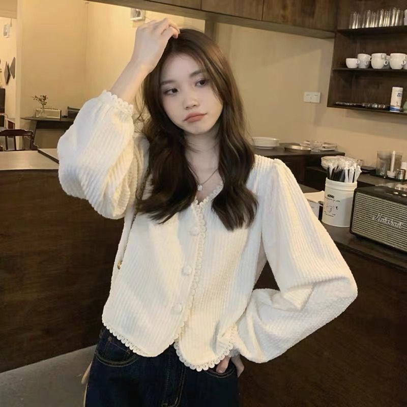 เสื้อเชิ้ต คอวี แต่งลูกไม้ เข้ากับทุกการแต่งกาย สไตล์เกาหลี สําหรับผู้หญิง