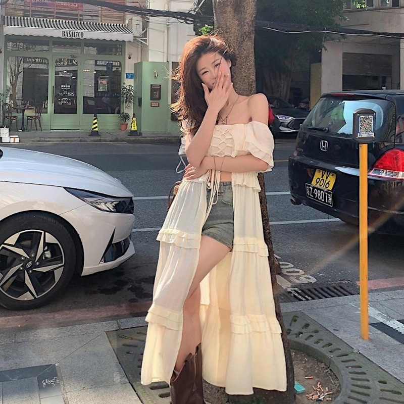 (ส่งจากกรุงเทพ) ฤดูร้อนรูปแบบใหม่ สาวฮอตกระโปรงยาวคาร์ดิแกนไหล่เดียวทรงสลิม - รูปที่ 7