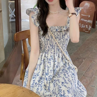 เดรส กระโปรงยาวแขนกุด ลายดอกไม้ สีฟ้า สำหรับผู้หญิง กระโปรงพลีทเอวหวาน ใหม่ พร้อมส่งจากกทม