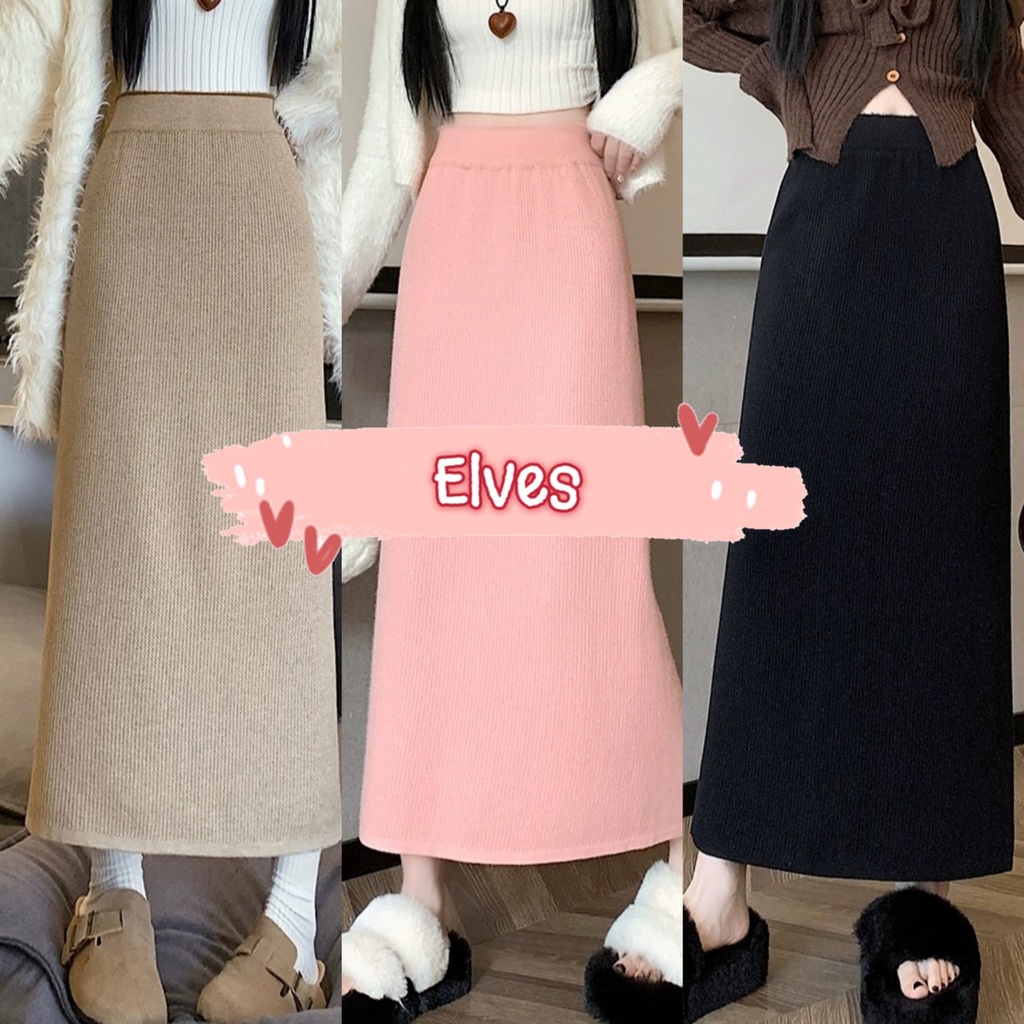 Elves✨พร้อมส่ง✨ กระโปรงยาวผ้าร่อง ไหมพรม ทรงตรงสีพื้น ~F42~