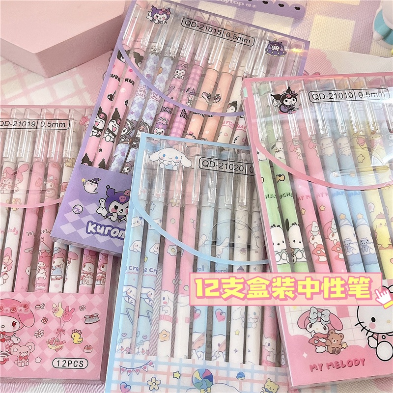 ชุดปากกาลูกลื่น ลายการ์ตูน Sanrio Kuromi Mymelody น่ารัก แห้งเร็ว ขนาดใหญ่ จุของได้เยอะ สีดํา ฟ้า สําหรับนักเรียน จํานวน 12 ชิ้น
