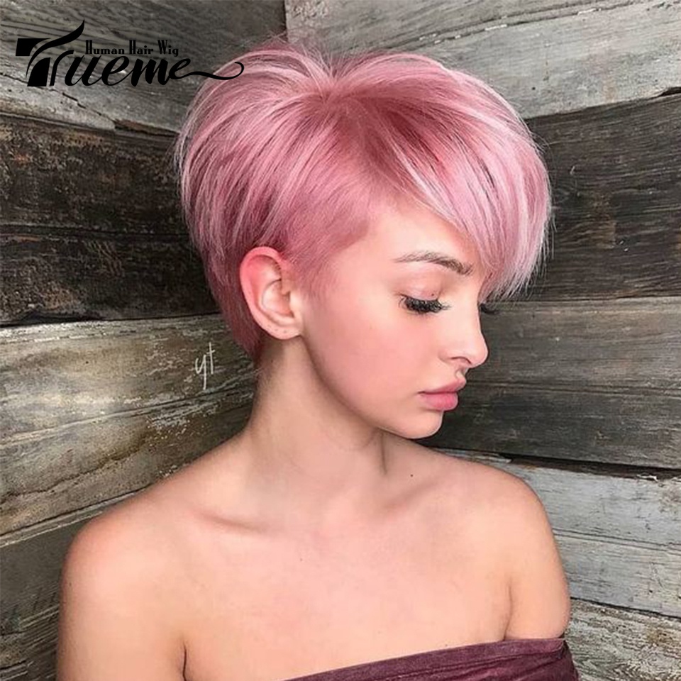 Trueme วิกผมบ๊อบสั้นตรง สีชมพู ไร้กาว สําหรับผู้หญิง