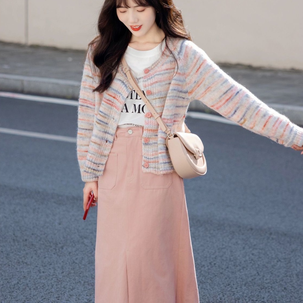 ชุดเสื้อคาร์ดิแกนกันหนาว ลายทาง หลากสีสัน สีชมพู สไตล์เกาหลี หรูหรา สําหรับผู้หญิง