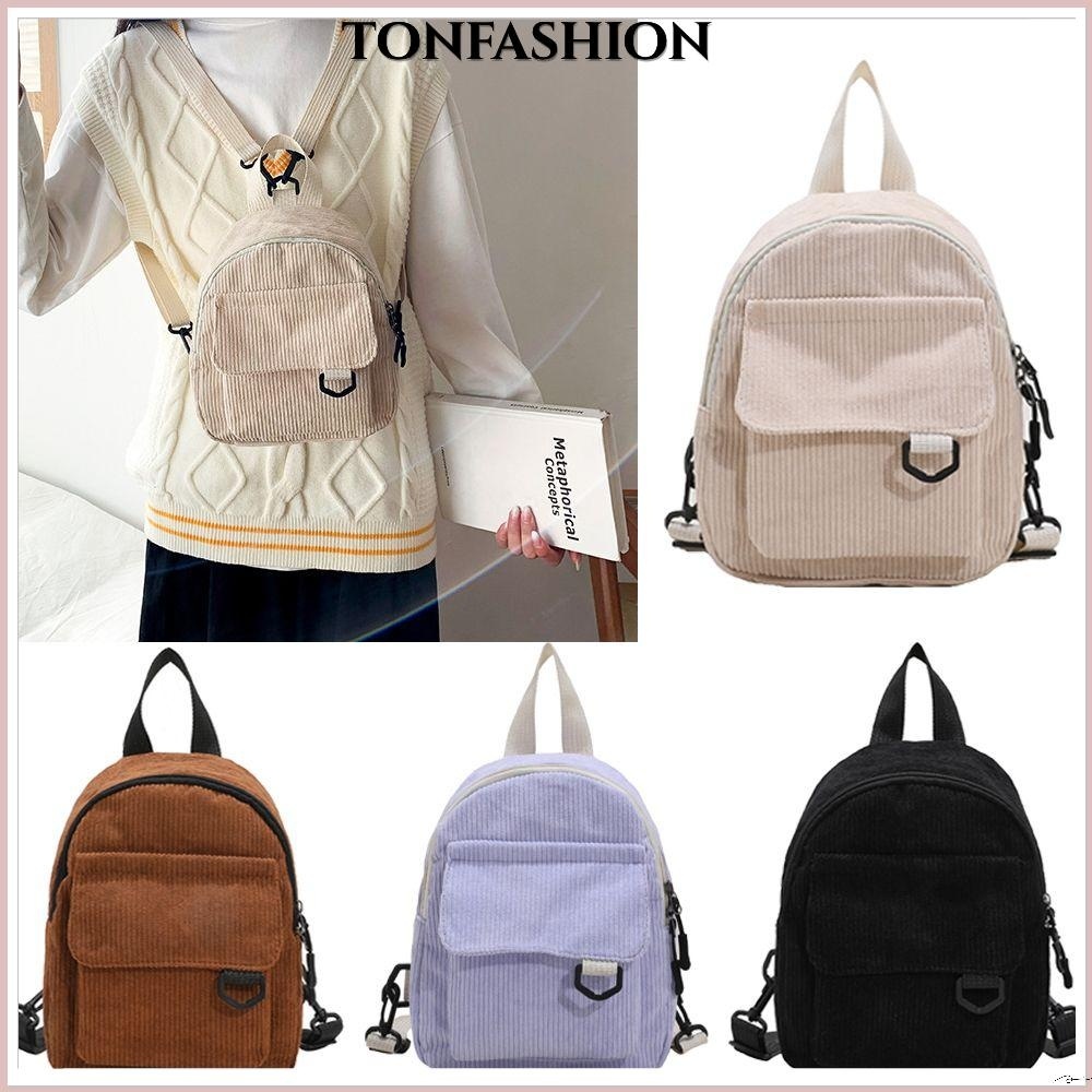 Tonfashion กระเป๋าเป้สะพายหลัง ผ้าลูกฟูก ขนาดเล็ก สีพื้น สําหรับผู้หญิง เดินทาง