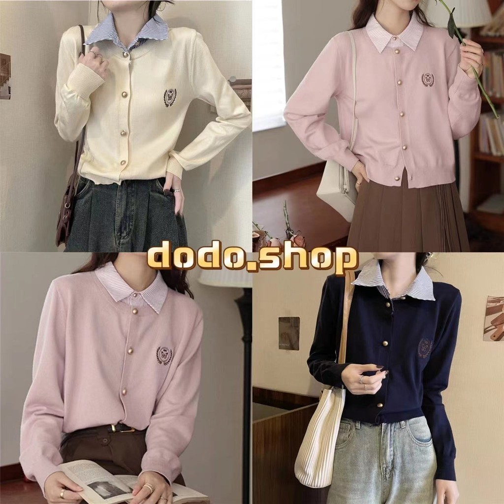 DoDo*พร้อมส่ง*เสื้อคาร์ดิแกนแขนยาวผ้าถักเนื้อผ้าหนานุ่มใส่สบายแต่งลายที่ปกปักหน้าอกกระดุมทอง(50090)
