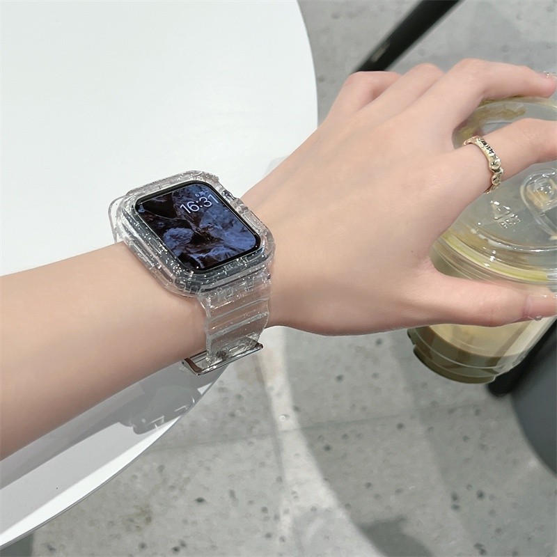 สายนาฬิกาข้อมือ พลาสติกใส ประดับกลิตเตอร์ สําหรับ Apple Watch 41 มม. 45 มม. 44 มม. 40 มม. 42 มม. 38