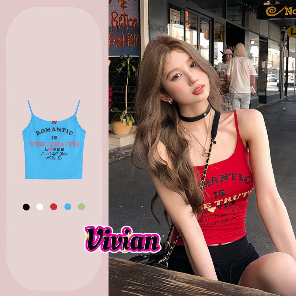 Vivian พร้อมส่ง เสื้อสายเดี่ยว มีฟองน้ำ สีสันสดใส น่ารักมากสุดๆ การพิมพ์จดหมาย เสื้อครอป สลิมฟิต สไตล์ลำลอง#FY2080-X