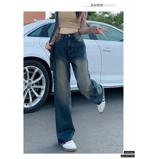 Unique Simple High-Waisted Straight Jeans Women Retro Blue All-Match Slimmer Look Wide-Le