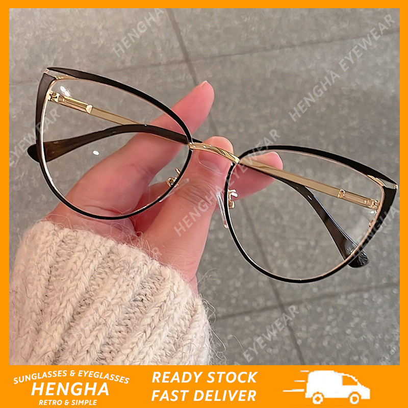 (HENGHA) แฟชั่น Kickoff แว่นตาออปติคอลกรอบโลหะ Cat Eye Retro Anti Blue Light แว่นตา