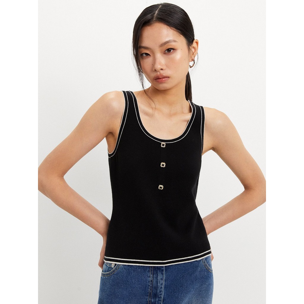 [Pomelo] เสื้อถักขอบสีตัดกันแต่งกระดุม / Contrast Trim Knit Top