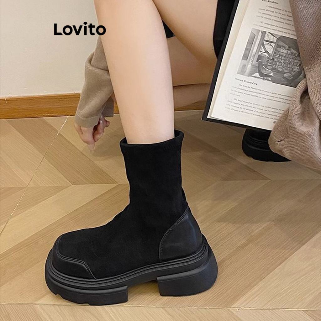 Lovito ลำลองสีพื้นShow Foot ขนาดเล็กหนาด้านล่างวินเทจสไตล์อังกฤษรองเท้าบูทมาร์ตินใหม่ส้นหนาความสูงเพิ่มขึ้นสั้นนักเรียนร้อนแฟชั่นบูตสำหรับผู้หญิง LFA52099