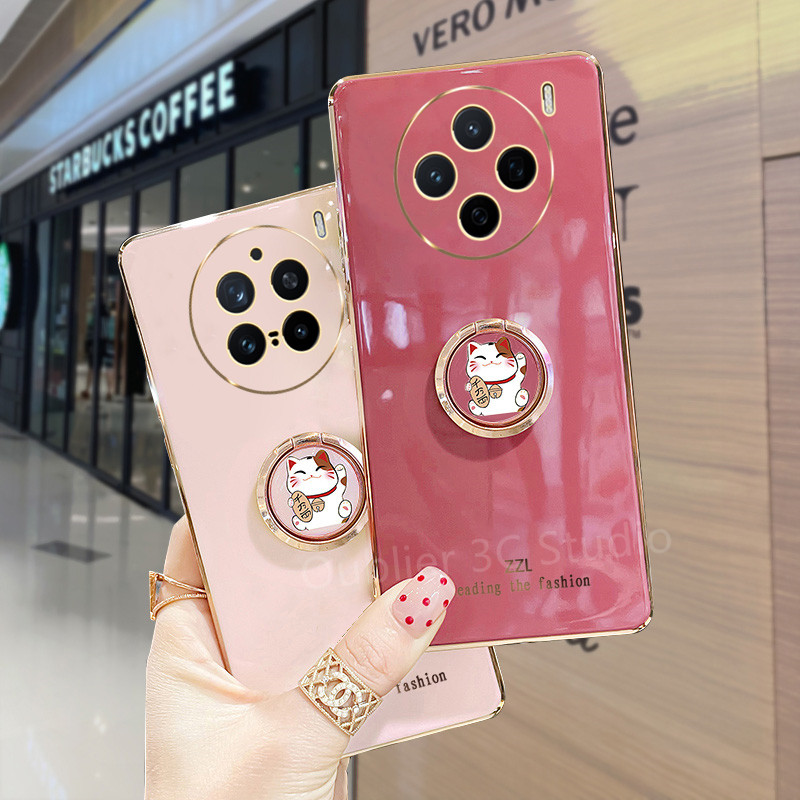 เคสโทรศัพท์ VIVO X200 X100 Pro IQOO Z9 Z9X Z7 Z7X 12 5G เคส ปลอกดีไซน์ใหม่สีลูกกวาดซิลิโคนชุบด้วยไฟฟ้าปกอ่อนพร้อมขาตั้งแมวนําโชคการ์ตูนน่ารัก