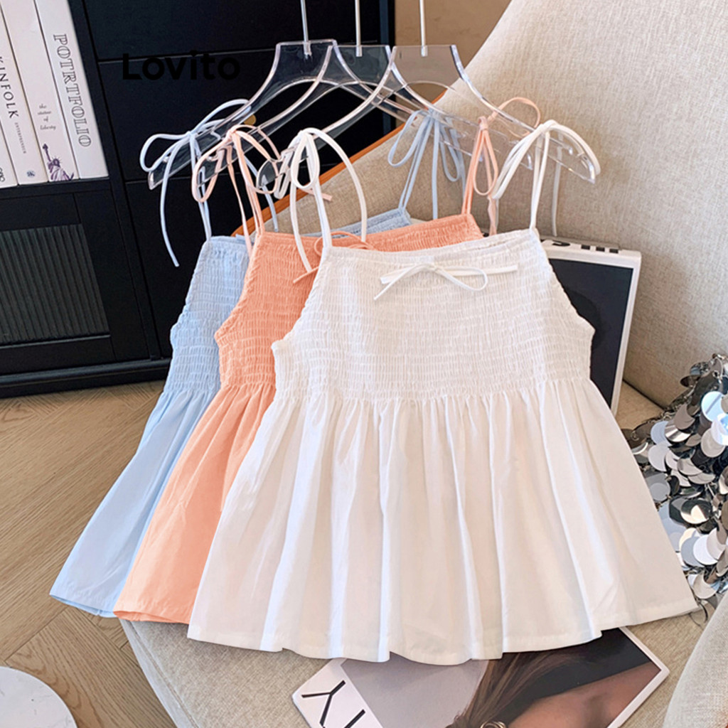 Lovito เสื้อสายเดี่ยวผู้หญิง สม็อค สีพื้น สไตล์ลำลอง LNE67334