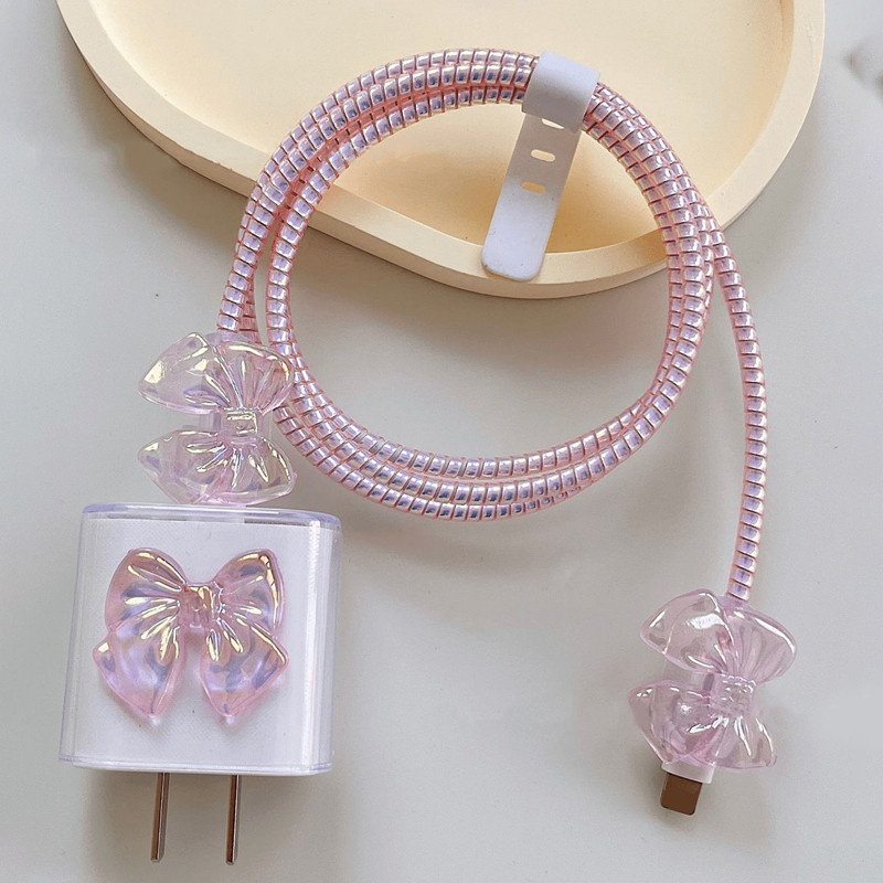 3d สีชมพูโบว์สาย Charger Protector สําหรับ IPhone 18W 20W Charger ใหม่ข้อมูล Line Spiral Winder ป้องกัน