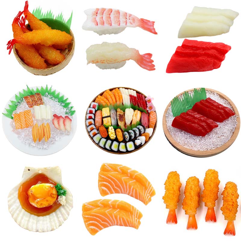 อาหารอาหารญี่ปุ่นประดิษฐ์รุ่นจําลองซูชิ PVC ปลาแซลมอนปลอม Sashimi Tempura Prawns Store ตกแต่งบ้านห้อ