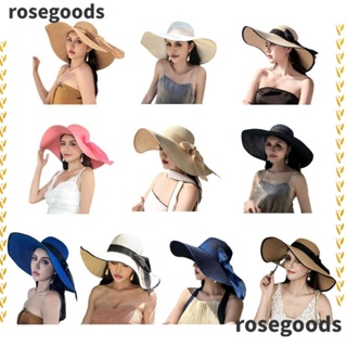 Rosegoods1 หมวกฟาง แบบพับได้ ขนาดใหญ่ แฟชั่นฤดูร้อน สําหรับผู้หญิง