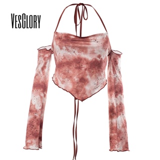 Vesglory เสื้อครอปท็อปแขนยาว เปิดไหล่ เปิดหลัง เข้ารูป พิมพ์ลาย สีคอนทราสต์ แฟชั่นสําหรับสตรี 2023