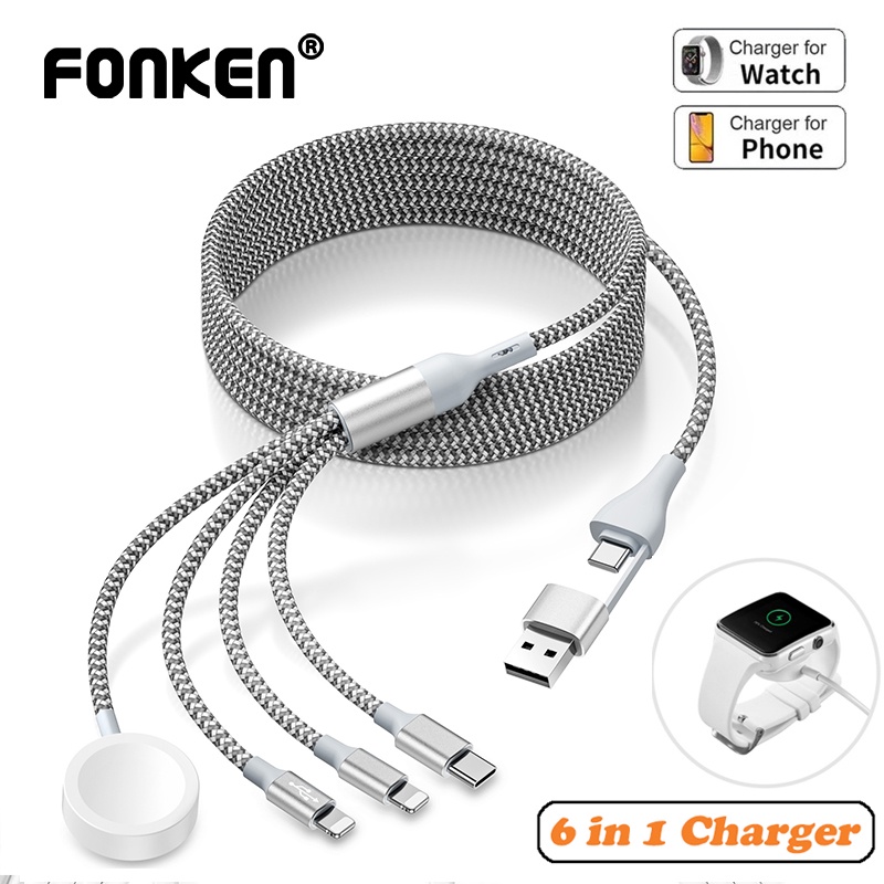 Fonken 6 in 1 สายนาฬิกาข้อมือ และที่ชาร์จโทรศัพท์ แบบถัก สําหรับ AP Phone/Watch USB & Type-C ที่ชาร์จแม่เหล็ก