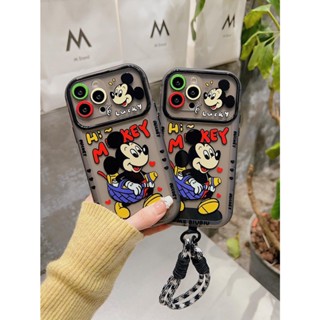 เคสโทรศัพท์มือถือ ซิลิโคนนิ่ม TPU ใส กันกระแทก ลายการ์ตูนมิกกี้เมาส์ พร้อมสายคล้อง สีดํา สําหรับ iPhone 14 13 Pro Max