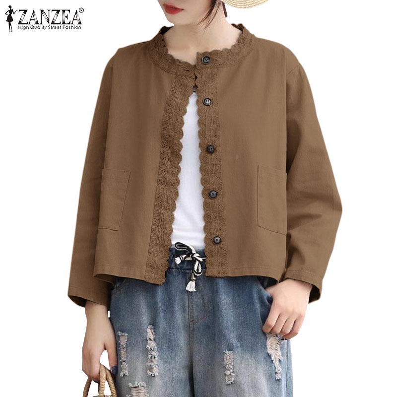 Zanzea เสื้อโค้ท แขนเก้าส่วน แต่งลูกไม้ มีกระเป๋า สไตล์เกาหลี สําหรับผู้หญิง